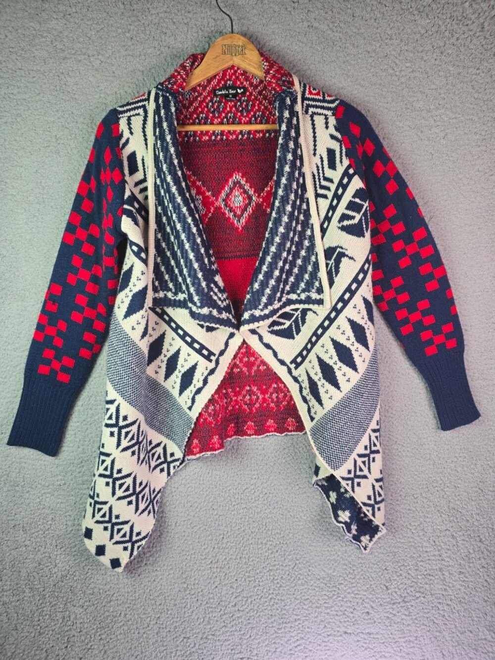 Double Zero Waterfall Cardigan Red Navy Ivory M Nordic Fair Isle Boho